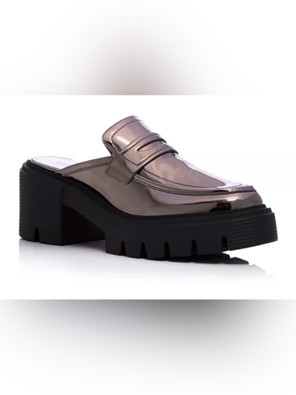 Stuart Weitzman Soho Mirror Metallic Pewter Platform Loafer Mules Lug Sole EUC